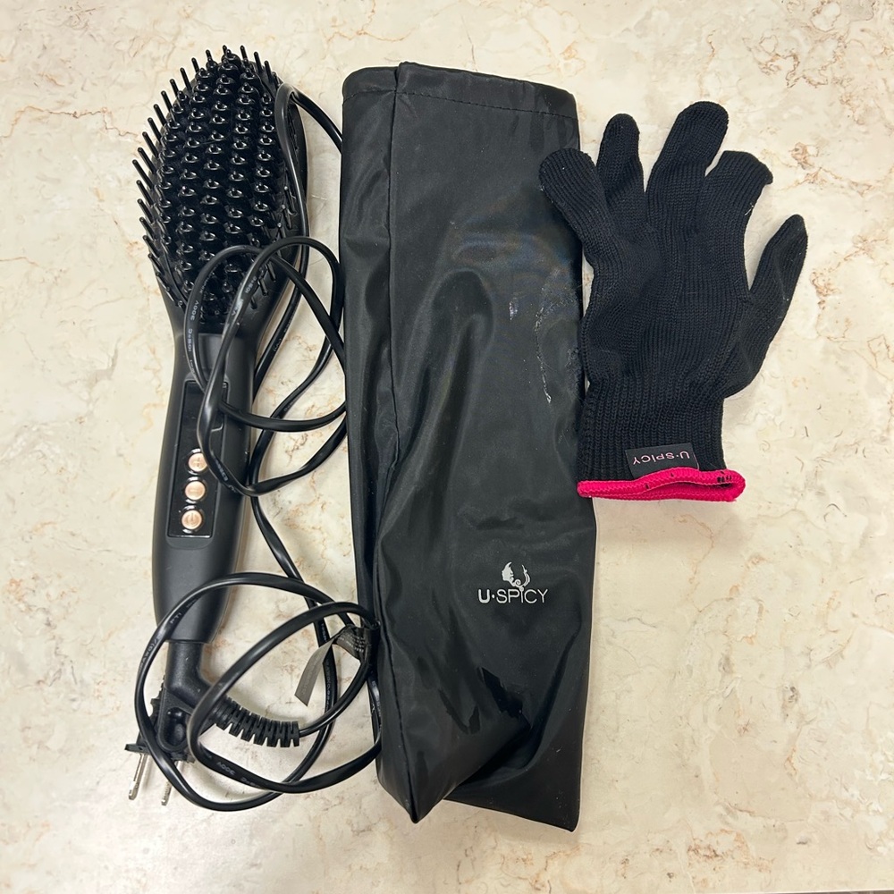Ceramic Hair Straightening Brush with Glove